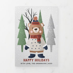 Winter bear and trees Christmas multi photo Tri-Fold Holiday Card