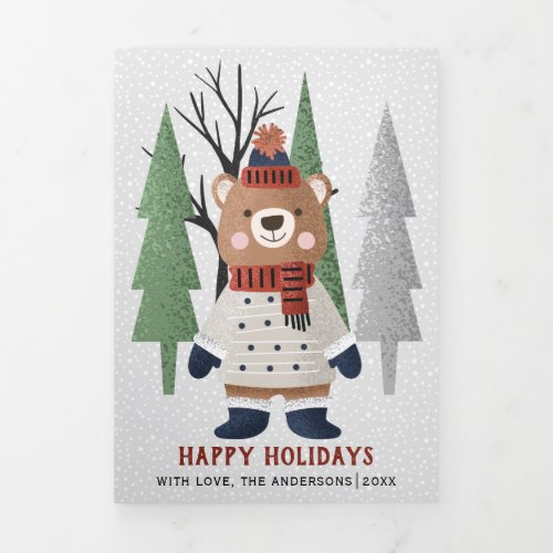 Winter bear and trees Christmas multi photo Tri_Fold Holiday Card