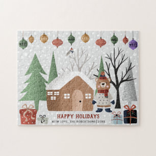 Winter bear and trees Happy holidays Christmas Jigsaw Puzzle