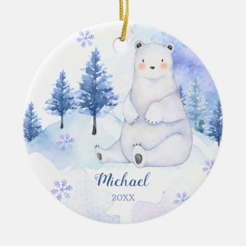Winter Bear Artics Animal Blue Snowflakes Mountain Ceramic Ornament
