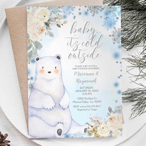 Winter Bear Artics Animal White Flower Baby Shower Invitation