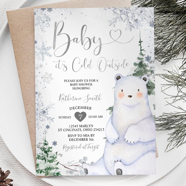 Winter Bear Baby Shower Forest Silver Snowflakes Invitation (Creator Uploaded)