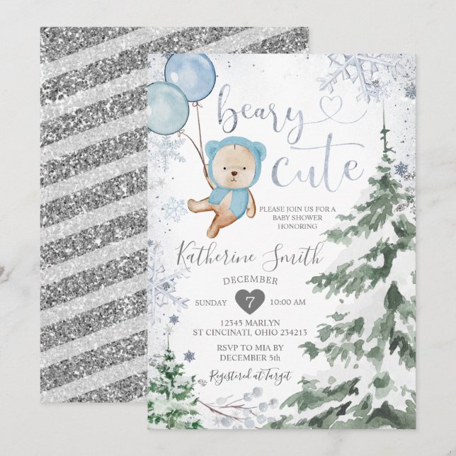 Winter Bear Baby Shower Forest Snowflakes Balloon Invitation (Front/Back)