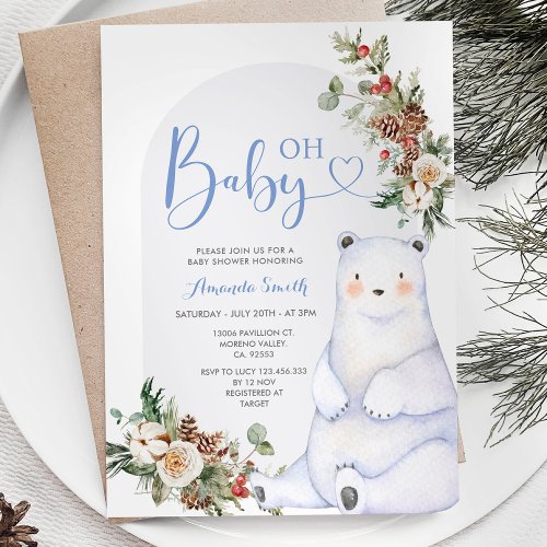 Winter Bear Berries Snowflakes Floral Baby Shower Invitation