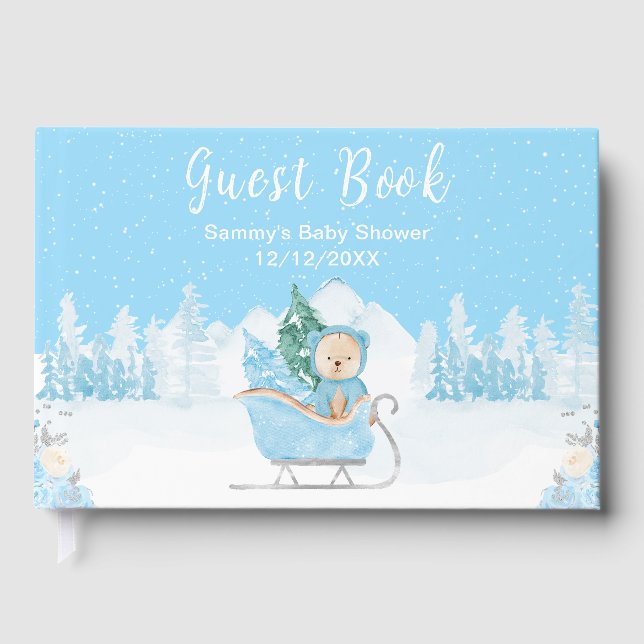 Winter Bear Blue Sleigh Baby Shower Guest Book (Front)