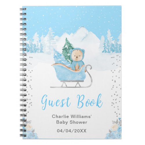 Winter Bear Blue Sleigh Baby Shower Guest Book