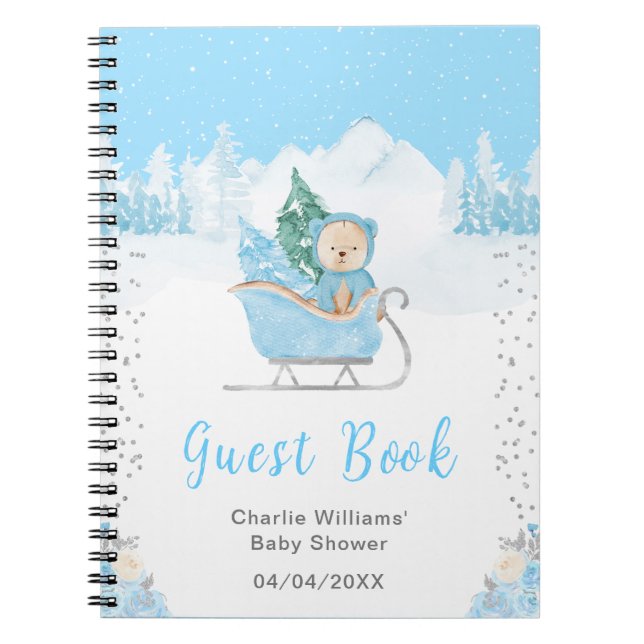 Winter Bear Blue Sleigh Baby Shower Guest Book (Front)