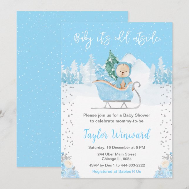 Winter Bear Blue Sleigh Baby Shower Invitation (Front/Back)