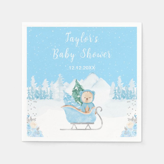 Winter Bear Blue Sleigh Baby Shower Napkins (Front)