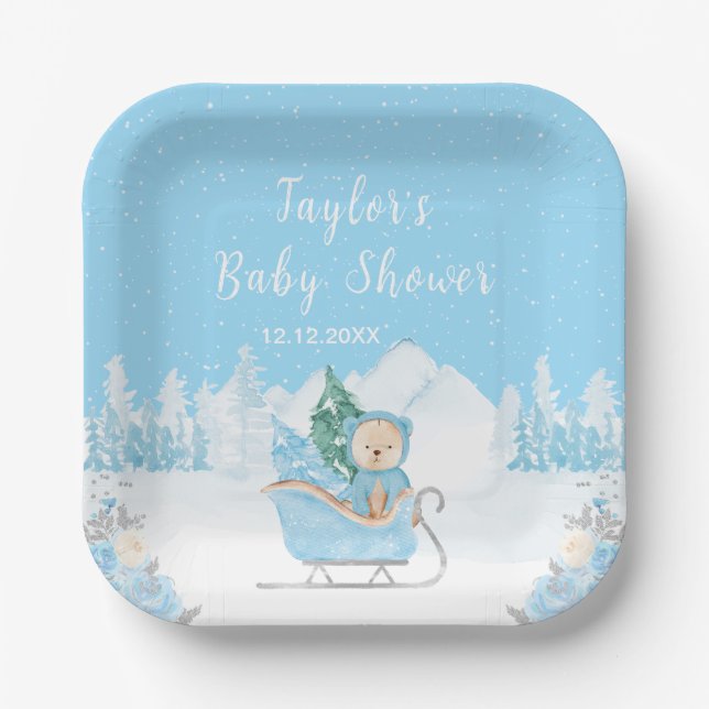 Winter Bear Blue Sleigh Baby Shower Paper Plates (Front)