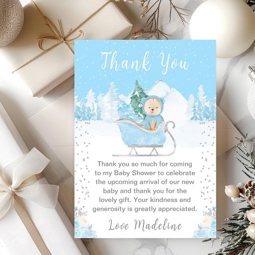 Winter Bear Blue Sleigh Baby Shower Thank You Card