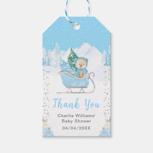 Winter Bear Blue Sleigh Baby Shower Thank You Gift Tags