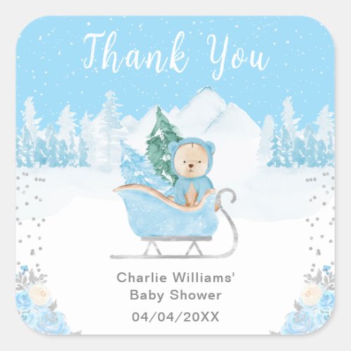 Winter Bear Blue Sleigh Baby Shower Thank You Square Sticker