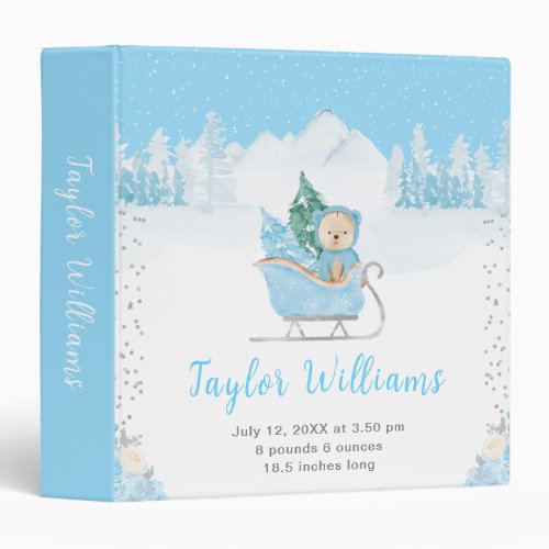 Winter Bear Blue Sleigh Birth Statistics 3 Ring Binder