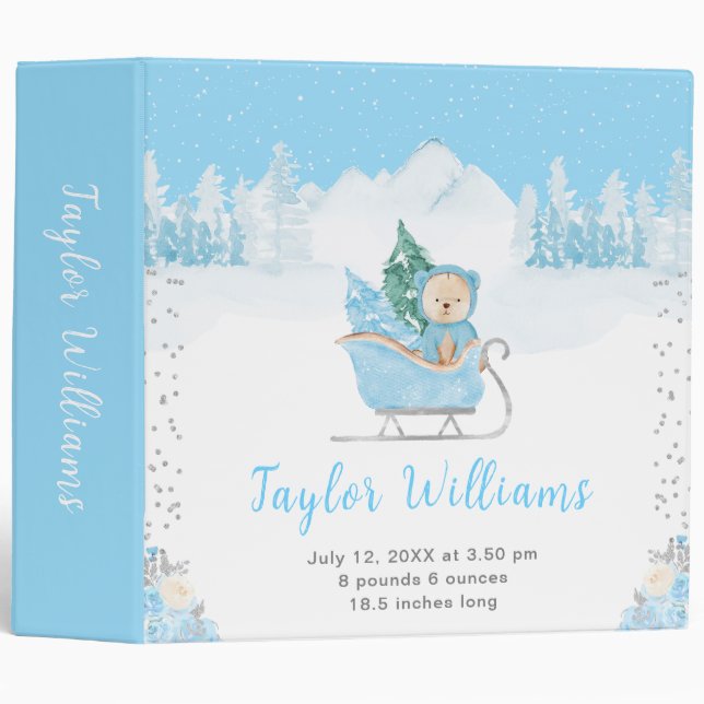 Winter Bear Blue Sleigh Birth Statistics 3 Ring Binder (Front/Spine)