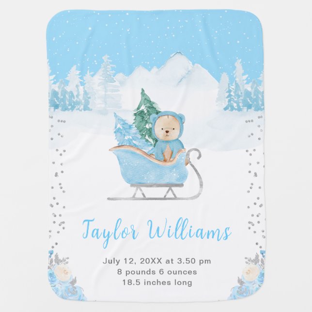 Winter Bear Blue Sleigh Birth Statistics Baby Blanket (Front)