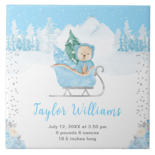 Winter Bear Blue Sleigh Birth Statistics Ceramic Tile