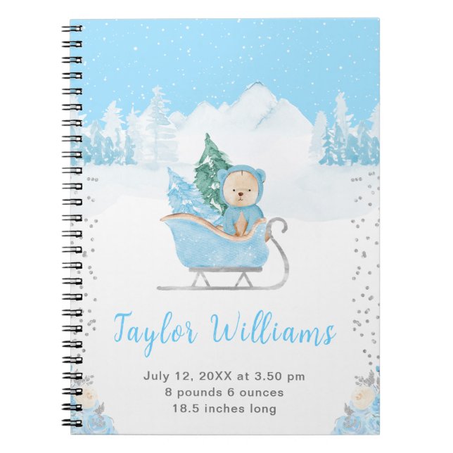 Winter Bear Blue Sleigh Birth Statistics Notebook (Front)