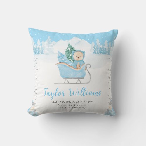 Winter Bear Blue Sleigh Birth Statistics Throw Pillow