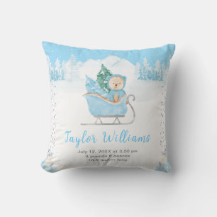 Winter Bear Blue Sleigh Birth Statistics Throw Pillow