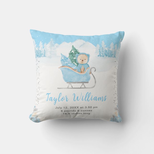 Winter Bear Blue Sleigh Birth Statistics Throw Pillow (Front)