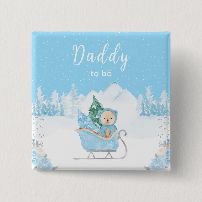 Winter Bear Blue Sleigh Daddy To Be Button (Front)