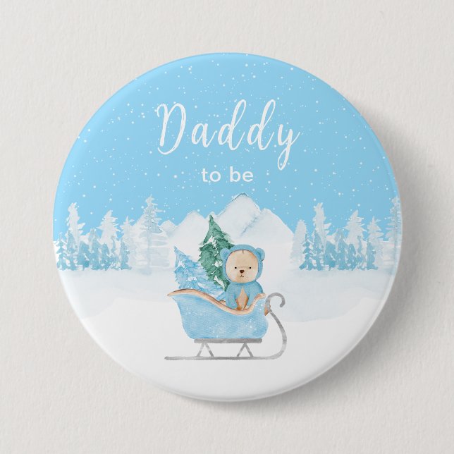 Winter Bear Blue Sleigh Daddy To Be Button (Front)