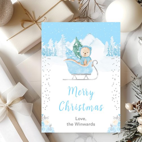 Winter Bear Blue Sleigh Merry Christmas Holiday Card