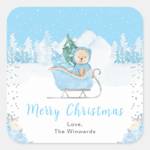 Winter Bear Blue Sleigh Merry Christmas Square Sticker