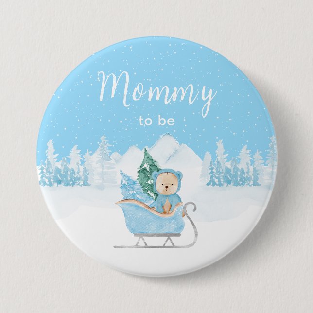 Winter Bear Blue Sleigh Mommy To Be Button (Front)
