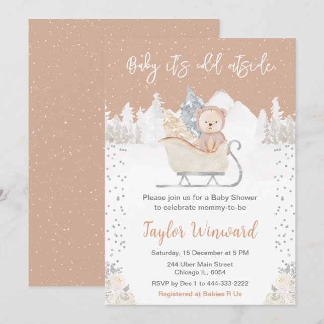 Winter Bear Brown Sleigh Baby Shower Invitation (Front/Back)