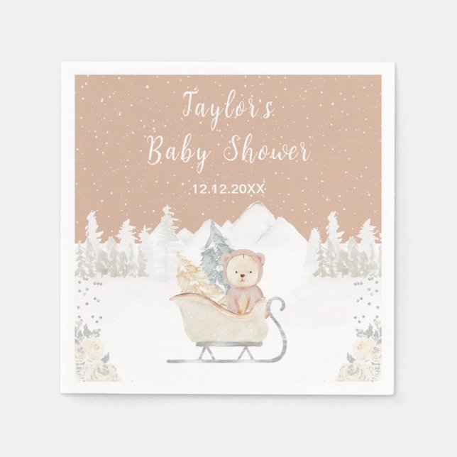 Winter Bear Brown Sleigh Baby Shower Napkins (Front)