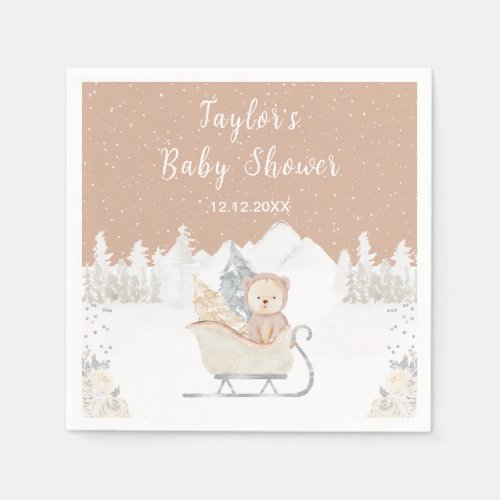 Winter Bear Brown Sleigh Baby Shower Napkins