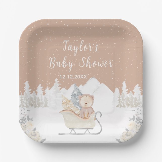 Winter Bear Brown Sleigh Baby Shower Paper Plates (Front)