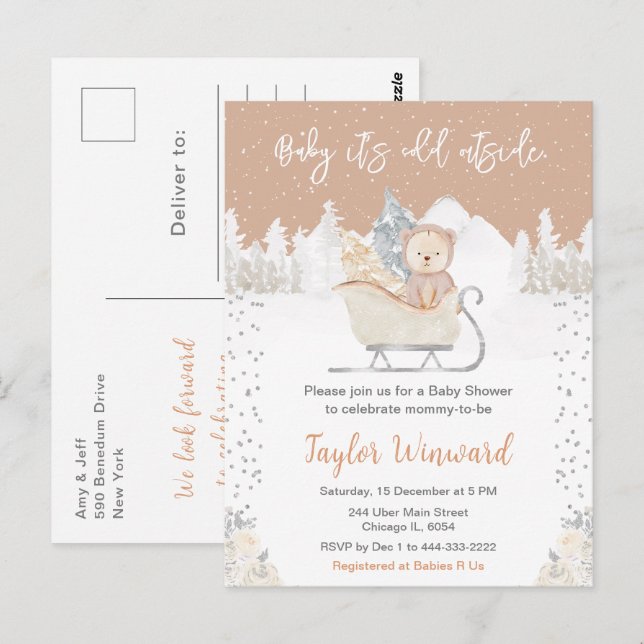 Winter Bear Brown Sleigh Baby Shower Postcard (Front/Back)