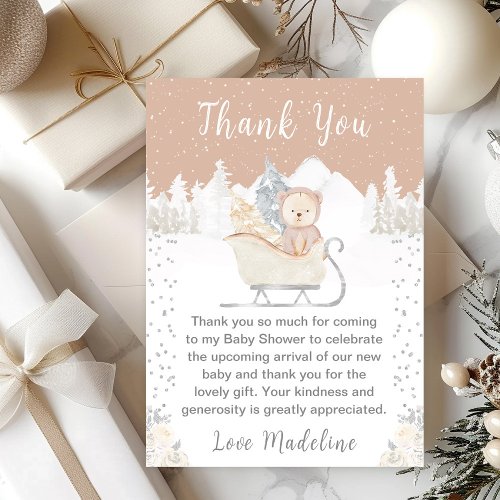 Winter Bear Brown Sleigh Baby Shower Thank You Card