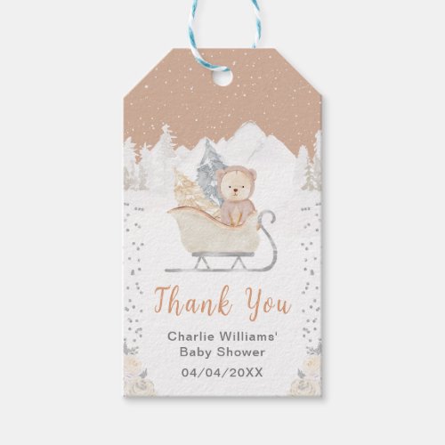Winter Bear Brown Sleigh Baby Shower Thank You Gift Tags