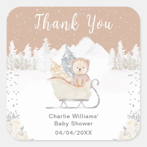 Winter Bear Brown Sleigh Baby Shower Thank You Square Sticker