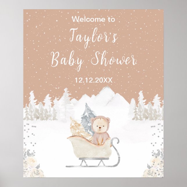 Winter Bear Brown Sleigh Baby Shower Welcome Poster (Front)
