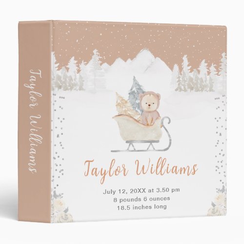 Winter Bear Brown Sleigh Birth Statistics 3 Ring Binder