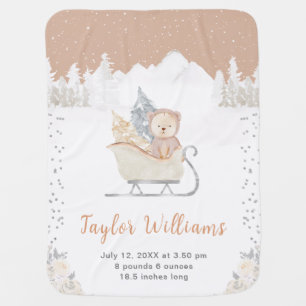 Winter Bear Brown Sleigh Birth Statistics Baby Blanket