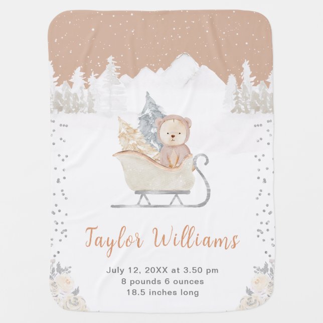 Winter Bear Brown Sleigh Birth Statistics Baby Blanket (Front)