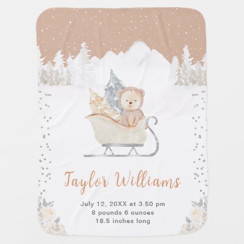 Winter Bear Brown Sleigh Birth Statistics Baby Blanket