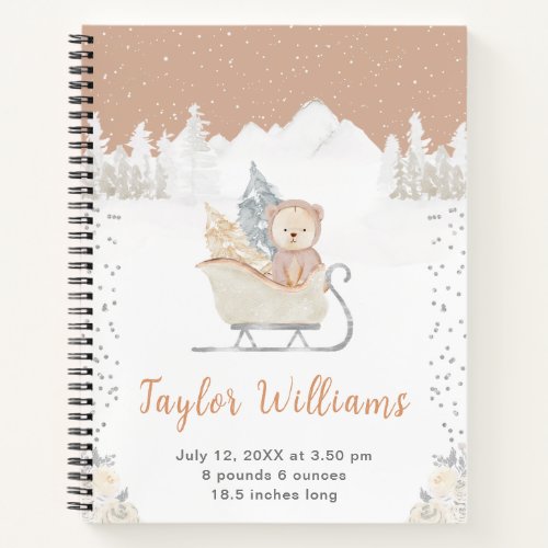 Winter Bear Brown Sleigh Birth Statistics Notebook