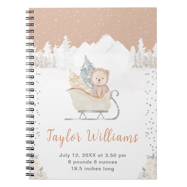 Winter Bear Brown Sleigh Birth Statistics Notebook (Front)
