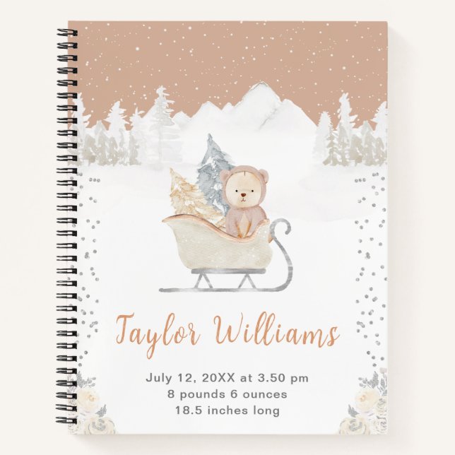 Winter Bear Brown Sleigh Birth Statistics Notebook (Front)