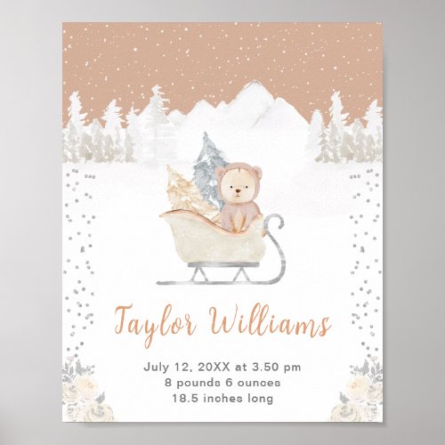 Winter Bear Brown Sleigh Birth Statistics Poster