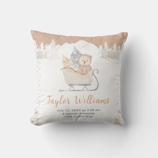 Winter Bear Brown Sleigh Birth Statistics Throw Pillow (Front)