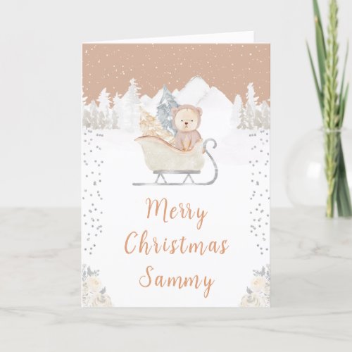 Winter Bear Brown Sleigh Merry Christmas Holiday Card