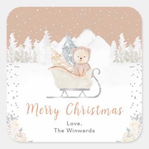 Winter Bear Brown Sleigh Merry Christmas Square Sticker